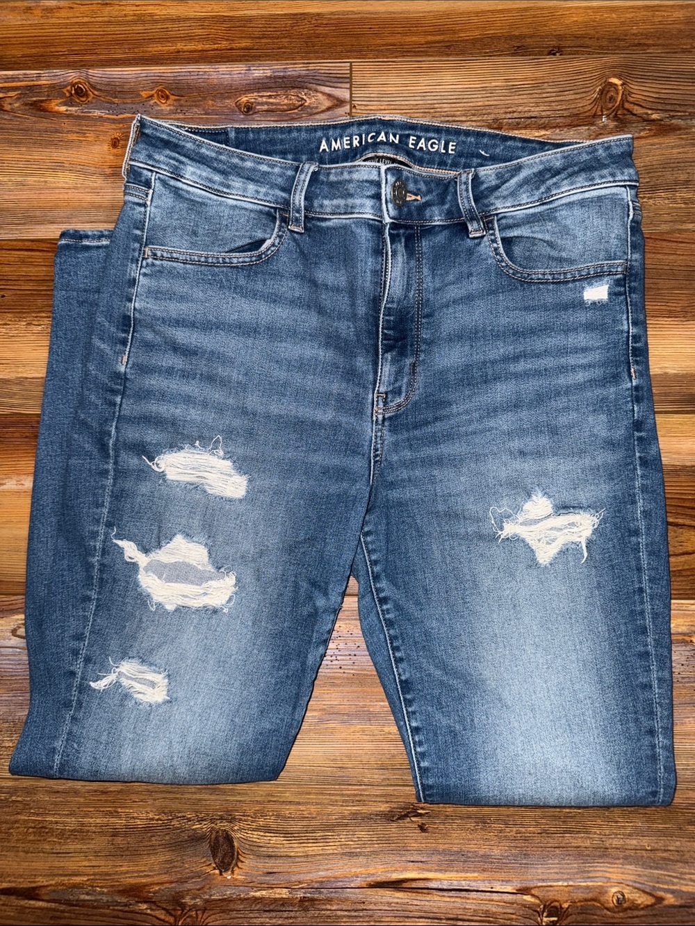 American Eagle Distressed Ripped Stretch Jeans Size 14 Regular Medium Wash